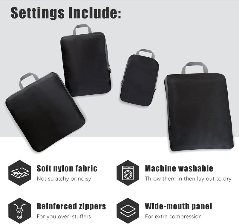 PANDA JOYS 4 Set Compression Packing Cubes Travel - Travel Accessories Expandable Packing Organizers for Carry On - Essentials Luggage Bags - Black - Image 3